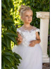 White Floral Lace Tulle V Back Long Flower Girl Dress